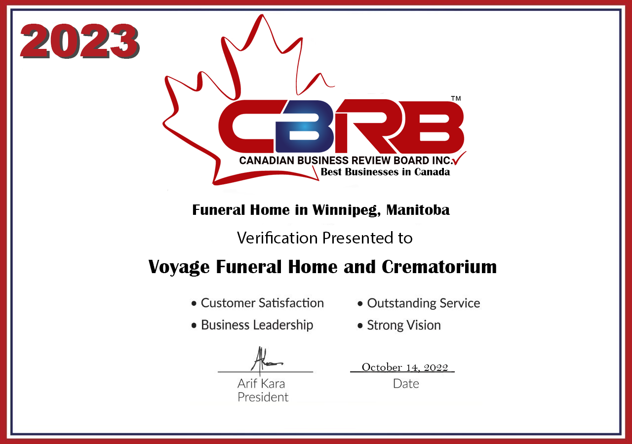 2023 CBRB Inc. Voyage Funeral Home and Crematorium Certificate